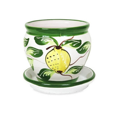 Lemons Hand Painted Outdoor Garden Bola Plant Pot & Drainage Plate (D) 25cm