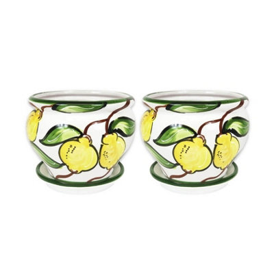 Lemons Hand Painted Set of 2 Outdoor Bola Plant Pots & Drainage Plates (D) 25cm