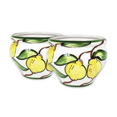 Lemons Hand Painted Set of 2 Outdoor Garden Terrace Bola Plant Pots (D) 25cm