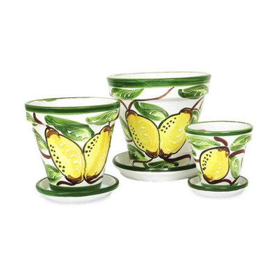 Lemons Hand Painted Set of 3 Classic Plant Pots & Drainage Plates (D) 16-29cm