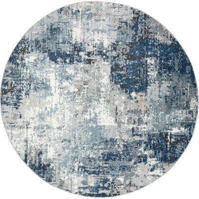 LENA Round Abstract Modern Marble Denim Area Rug 160 x 160 cm