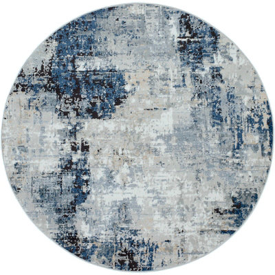 LENA Round Abstract Modern Marble Denim Area Rug 200 x 200 cm