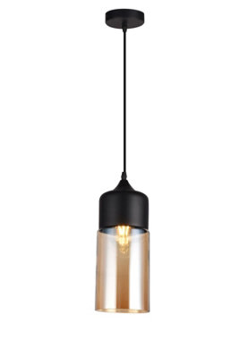 LENDER 2 - CGC Black with Gold Smoked Glass Cylinder Pendant Ceiling Light