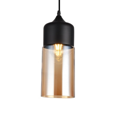 LENDER 2 - CGC Black with Gold Smoked Glass Cylinder Pendant Ceiling Light