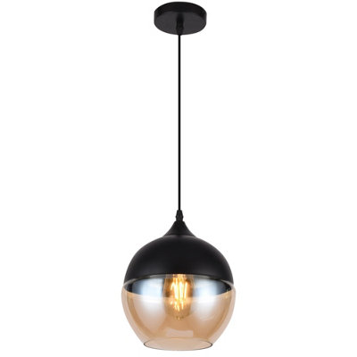 LENDER - CGC Black with Gold Smoked Glass Round Globe Pendant Ceiling Light