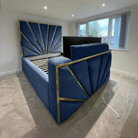 Leniva Plush Velvet Blue TV Bed Frame