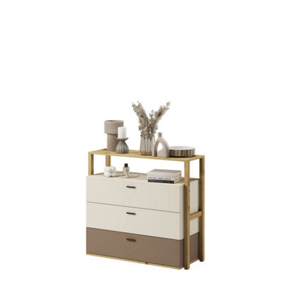 Lenny 06 Chest of Drawers in Oak Artisan & Beige - 980mm x 900mm x 400mm - Elegant Storage Solution with Open Compartment