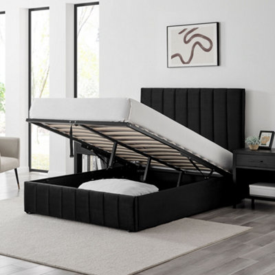 Leo Black Velvet Fabric Double 4FT 6 Ottoman Storage Bed Frame