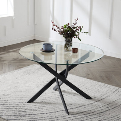 Leon 120cm Round Glass Dining Table with Black Legs
