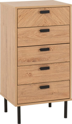 Leon 5 Drawer Narrow Chest Medium Oak Effect Metal Legs