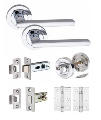 Leon Bathroom Door Handle Set Thumbturn Ball Bearing Hinges and Dead Bolt Polished Chrome