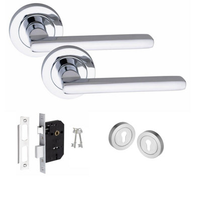Leon Design Key Lock Door Handle Set Thumbturn and Mortise Lock Polished Chrome