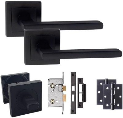 Leon Design Straight Door Handle Matt Black Finish Bathroom WC Toilet Door Handle Set with 3" Ball Bearing Hinges 64mm Lock