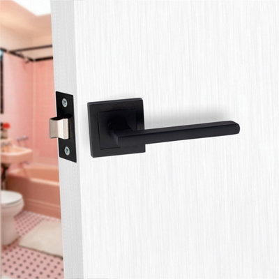 Leon Design Straight Door Handle Matt Black Finish Bathroom WC Toilet Door Handle Set with 3" Ball Bearing Hinges 64mm Lock