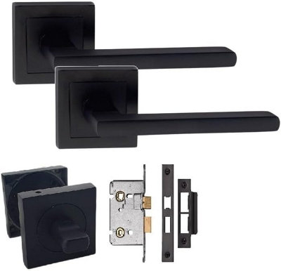 Leon Design Straight Door Handle Matt Black Finish Bathroom WC Toilet Door Handle Set with 64mm Bathroom Mortise Lock