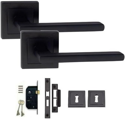 Leon Design Straight Door Handle Matt Black Finish Key Lock Door Handle Set 64mm 3 Lever Mortise Lock Square Rose