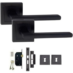 Leon Design Straight Door Handle Matt Black Finish Key Lock Door Handle Set 64mm 3 Lever Mortise Lock Square Rose