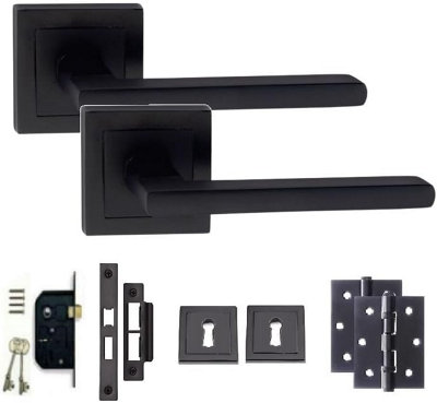 Leon Design Straight Door Handle Matt Black Finish Key Lock Door Handle Set with 3" Ball Bearing Hinges 64mm Mortise Lock