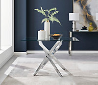 Leonardo 4 Seater Rectangular Glass Dining Table with Silver Chrome Metal Angled Starburst Legs for Modern Minimalist Dining Room