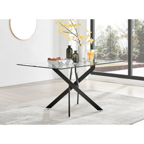 Leonardo 6 Seater Rectangular Glass Dining Table with Black Metal Angled Starburst Legs for Modern Industrial Dining Room