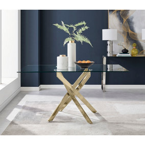 Leonardo 6 Seater Rectangular Glass Dining Table with Gold Chrome Metal Angled Starburst Legs for Modern Glam Dining Room