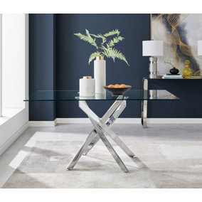 Leonardo 6 Seater Rectangular Glass Dining Table with Silver Chrome Metal Angled Starburst Legs for Modern Minimalist Dining Room