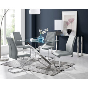 Leonardo Glass And Chrome Metal Dining Table And 4 Elephant Grey Lorenzo Dining Chairs