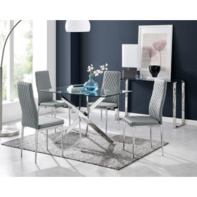 Leonardo Glass And Chrome Metal Dining Table And 4 Elephant Grey Milan Chairs Set