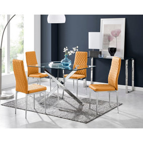 Leonardo Glass And Chrome Metal Dining Table And 4 Mustard Milan Chairs Set