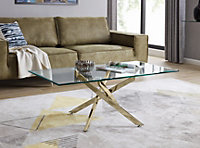 Leonardo Rectangular Glass Coffee Table with Gold Chrome Metal Angled Starburst Legs for Modern Living Room