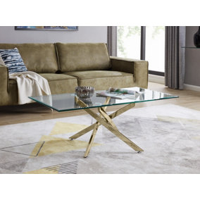 Leonardo Rectangular Glass Coffee Table with Gold Chrome Metal Angled Starburst Legs for Modern Living Room