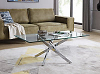 Leonardo Rectangular Glass Coffee Table with Silver Chrome Metal Angled Starburst Legs for Modern Minimalist Living Room