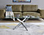Leonardo Rectangular Glass Coffee Table with Silver Chrome Metal Angled Starburst Legs for Modern Minimalist Living Room