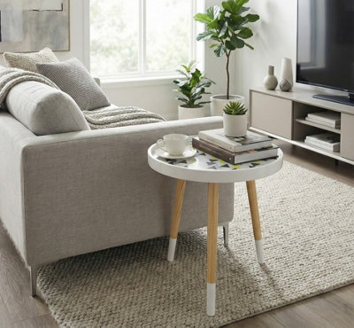 Leonie Side Table -White Top With Multi-Coloured Triangle Pattern