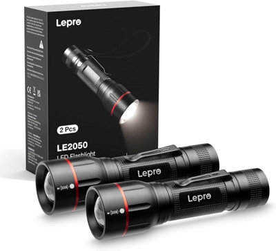 Lepro 2 Pack LED Torch Battery Powered, LE2050 Hand Flashlight, 5 Modes, Zoomable, Clip, Waterproof, for Camping, Dog Walking,Gift