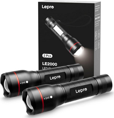 Lepro 2 Pack LED Torch Super Bright, LE2000 Powerful Flashlight Battery Powered, Water Resistant, 5 Modes, Zoomable, Pocket Size
