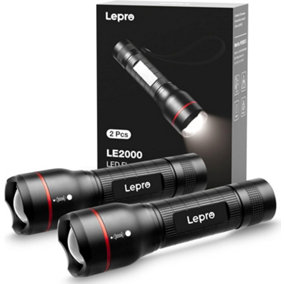 Lepro 2 Pack LED Torch Super Bright, LE2000 Powerful Flashlight Battery Powered, Water Resistant, 5 Modes, Zoomable, Pocket Size