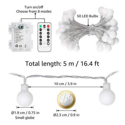 Lepro 5m 50 LED Battery Globe String Lights, Battery Powered, 8 Modes, Warm White, Remote Control, AA Batteries Not Included