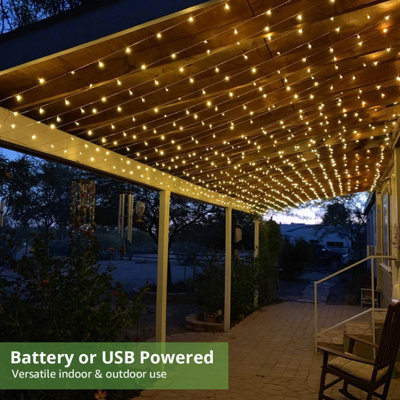 Lepro Curtain Lights Battery Powered, 3m x 3m 300 LEDs, 8 Modes, Warm White Curtain Lights USB Plug, AA Batteries Not Included