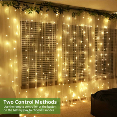 Lepro Curtain Lights Battery Powered, 3m x 3m 300 LEDs, 8 Modes, Warm White Curtain Lights USB Plug, AA Batteries Not Included