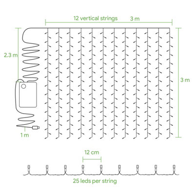 Lepro Curtain Lights Battery Powered, 3m x 3m 300 LEDs, 8 Modes, Warm White Curtain Lights USB Plug, AA Batteries Not Included