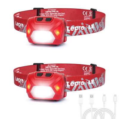 Lepro Head Torch Rechargeable, 2 Pack 2000L Waterproof LED Headlamp with Red Warning Lights, 6 Modes, Lightweight Headlight