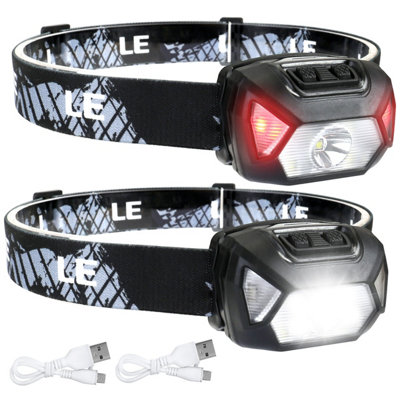 Lepro Head Torch Rechargeable, 2 Pack Waterproof LED Headlamp with Warning Lights, 6 Lighting Modes, Long Runtime, Lightweight