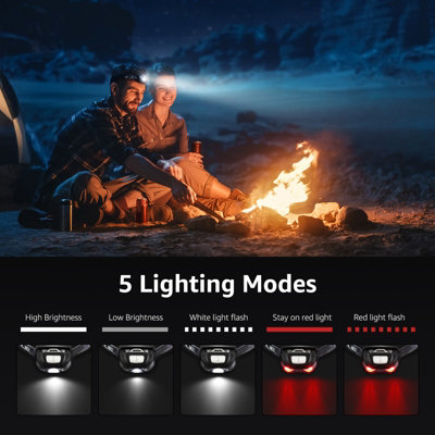 Lepro Head Torch Rechargeable, Super Bright LED Headlamp Waterproof with Red Warning Lights 5 Lighting Modes 30 Hours Runtime