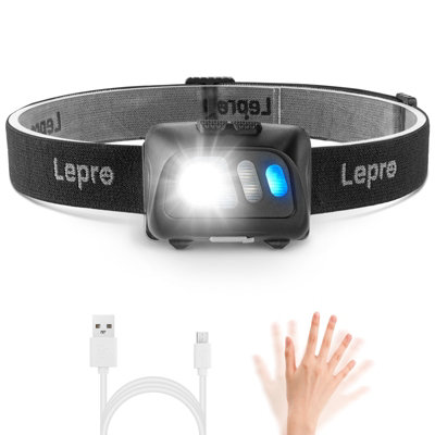 Lepro Head Torch, Super Bright Led Rechargeable Headlamp with Motion Sensor, Long Runtime, 5 Lighting Modes, Red Warning Lights
