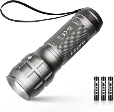 Lepro LE LED Torch Battery Powered, Zoomable, Water Resistant, Lightweight Hand Flashlight for Power Cut, Camping, Gift, Dark Grey