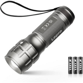 Lepro LE LED Torch Battery Powered, Zoomable, Water Resistant, Lightweight Hand Flashlight for Power Cut, Camping, Gift, Dark Grey