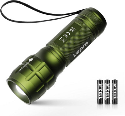 Lepro LE LED Torch Battery Powered, Zoomable, Water Resistant, Lightweight Hand Flashlight for Power Cut, Camping, Gift, Green
