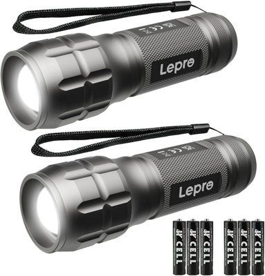 Lepro LE LED Torch Battery Powered, Zoomable, Water Resistant, Lightweight Hand Flashlight for Power Cut, Gift, Dark Grey, 2 Packs