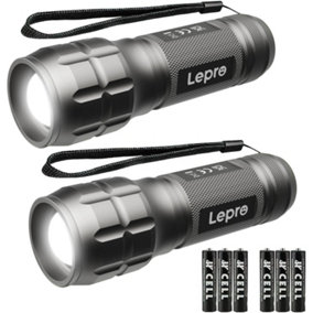 Lepro LE LED Torch Battery Powered, Zoomable, Water Resistant, Lightweight Hand Flashlight for Power Cut, Gift, Dark Grey, 2 Packs